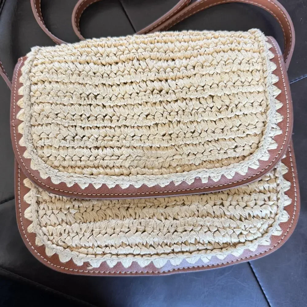 MNG Crossbody Bag Womens Small Beige Straw Brown Trim Scalloped Boho Beach